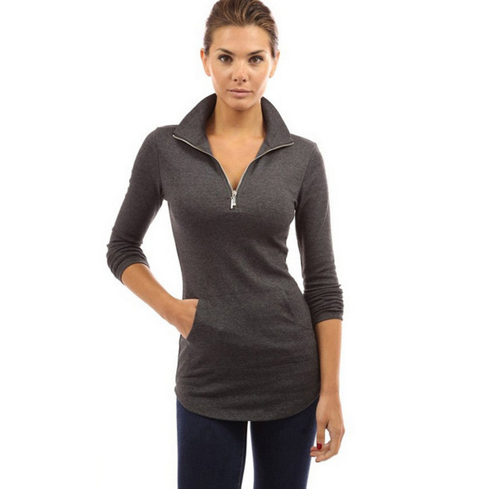 High Quality Skinny Solid Long Sleeve V-neck Zipper T-shirt