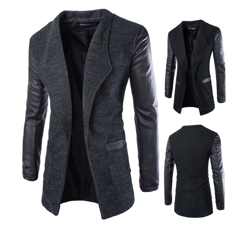 Leather Sleeve Long Wool Men Coat