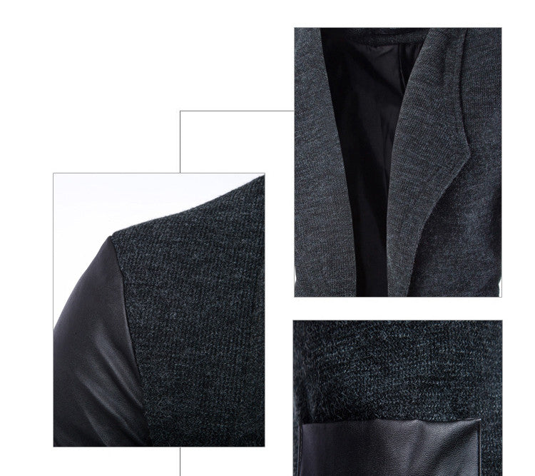 Leather Sleeve Long Wool Men Coat