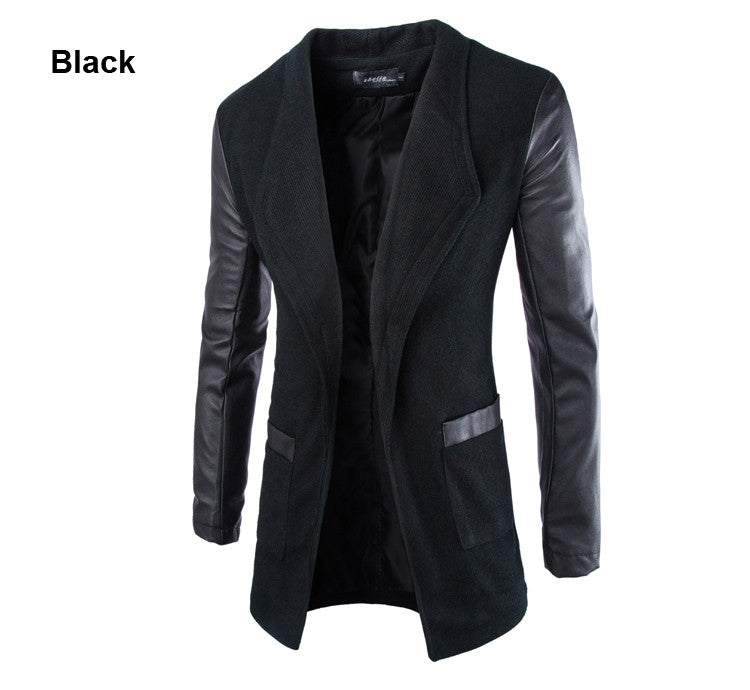 Leather Sleeve Long Wool Men Coat
