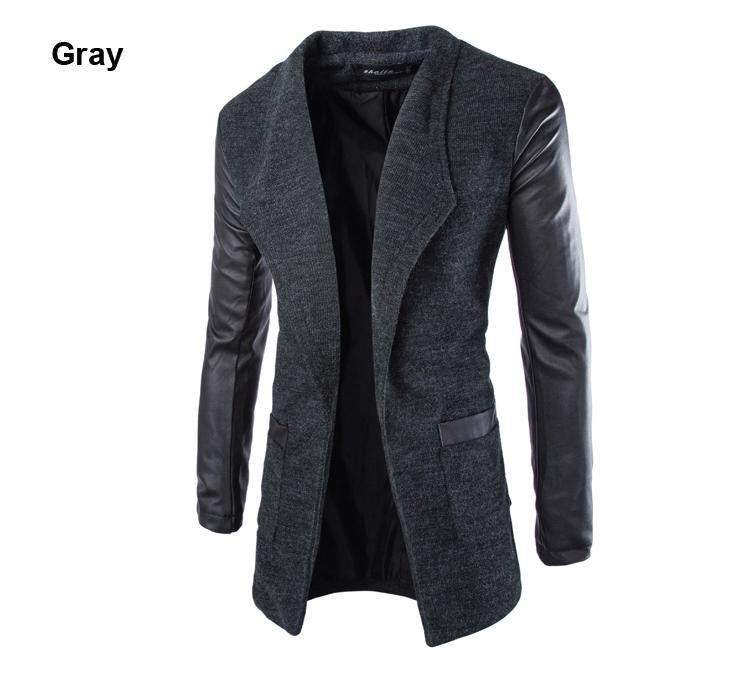 Leather Sleeve Long Wool Men Coat