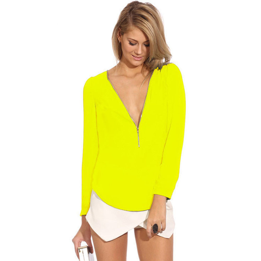 High Quality Chiffon V-Neck Long Sleeve Ladies Tops
