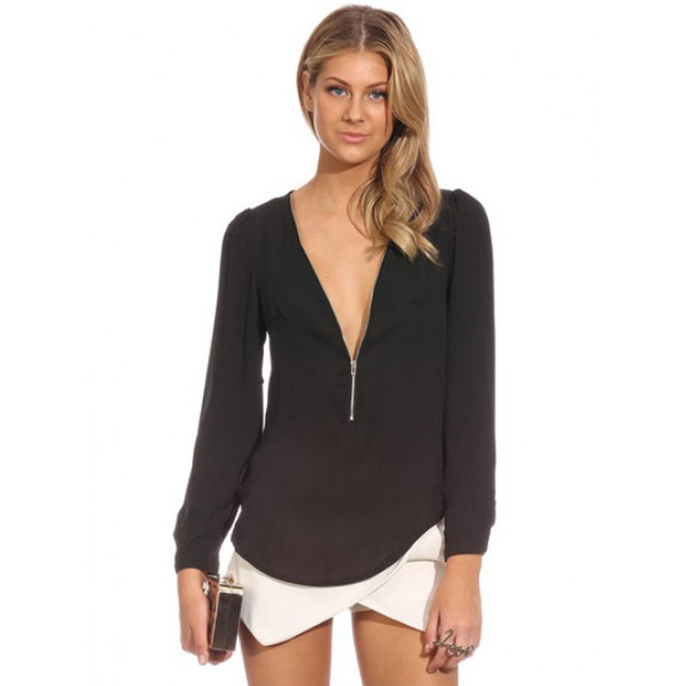 High Quality Chiffon V-Neck Long Sleeve Ladies Tops