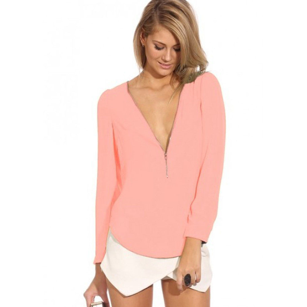 High Quality Chiffon V-Neck Long Sleeve Ladies Tops