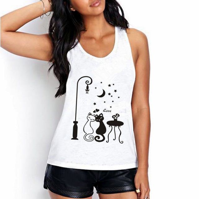 Cat print Women Sleeveless Tank Tops