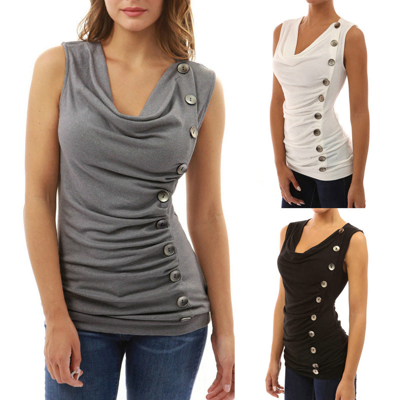 Cowl Neck Sleeveless Button Tank Tops