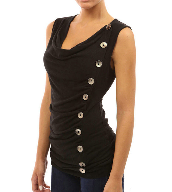 Cowl Neck Sleeveless Button Tank Tops
