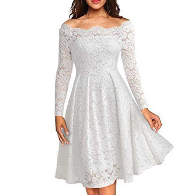 Floral White Lace Elegant Lady Long Sleeve Mini Dress