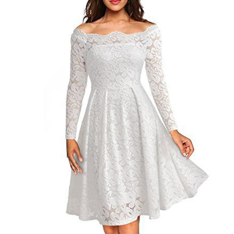 Floral White Lace Elegant Lady Long Sleeve Mini Dress