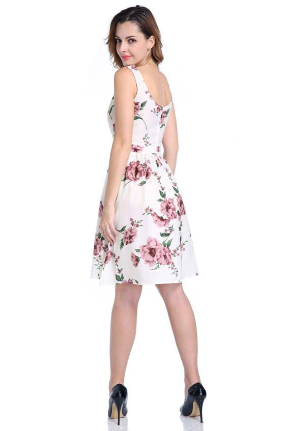 Floral Printed Elegant O-Neck Sleeveless Dress
