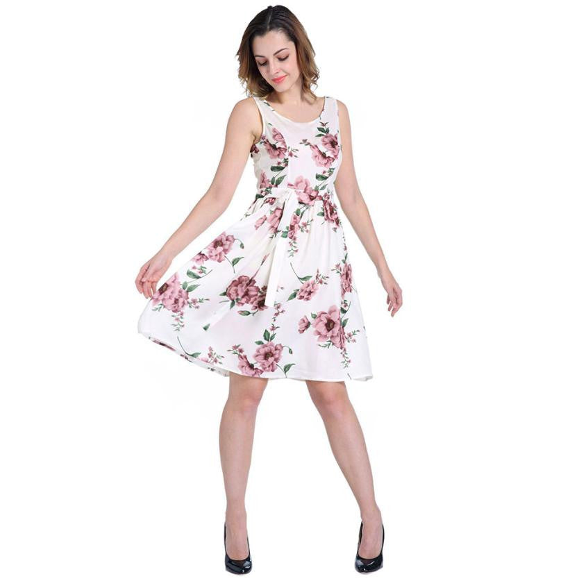 Floral Printed Elegant O-Neck Sleeveless Dress