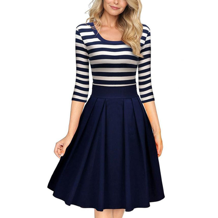 Navy Style Stripe Scoop Neck Casual Dress
