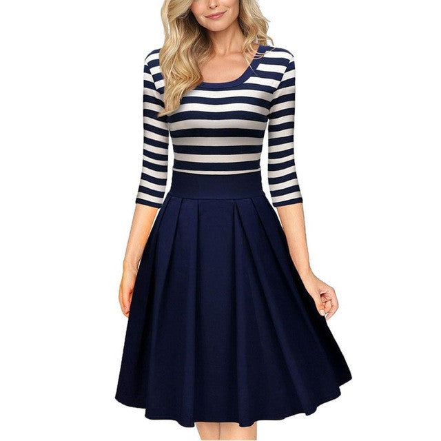 Navy Style Stripe Scoop Neck Casual Dress