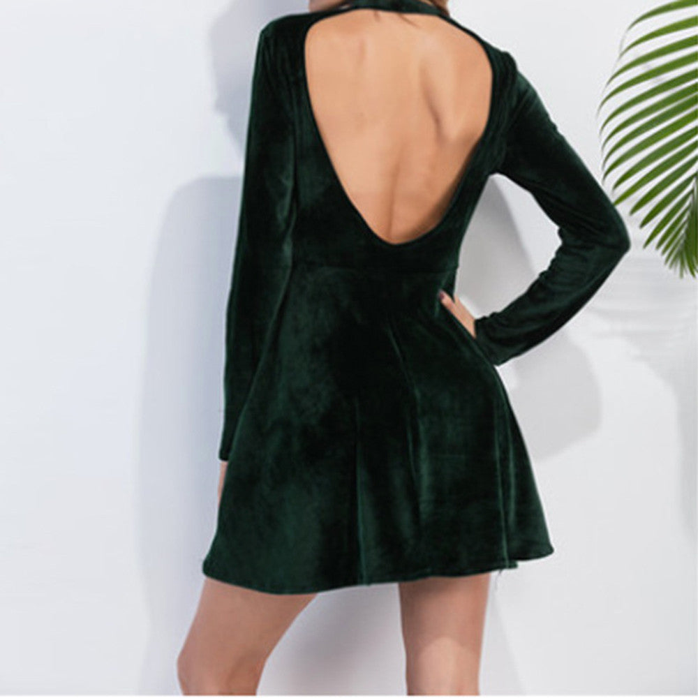 Backless Green Velvet Long Sleeve Dress