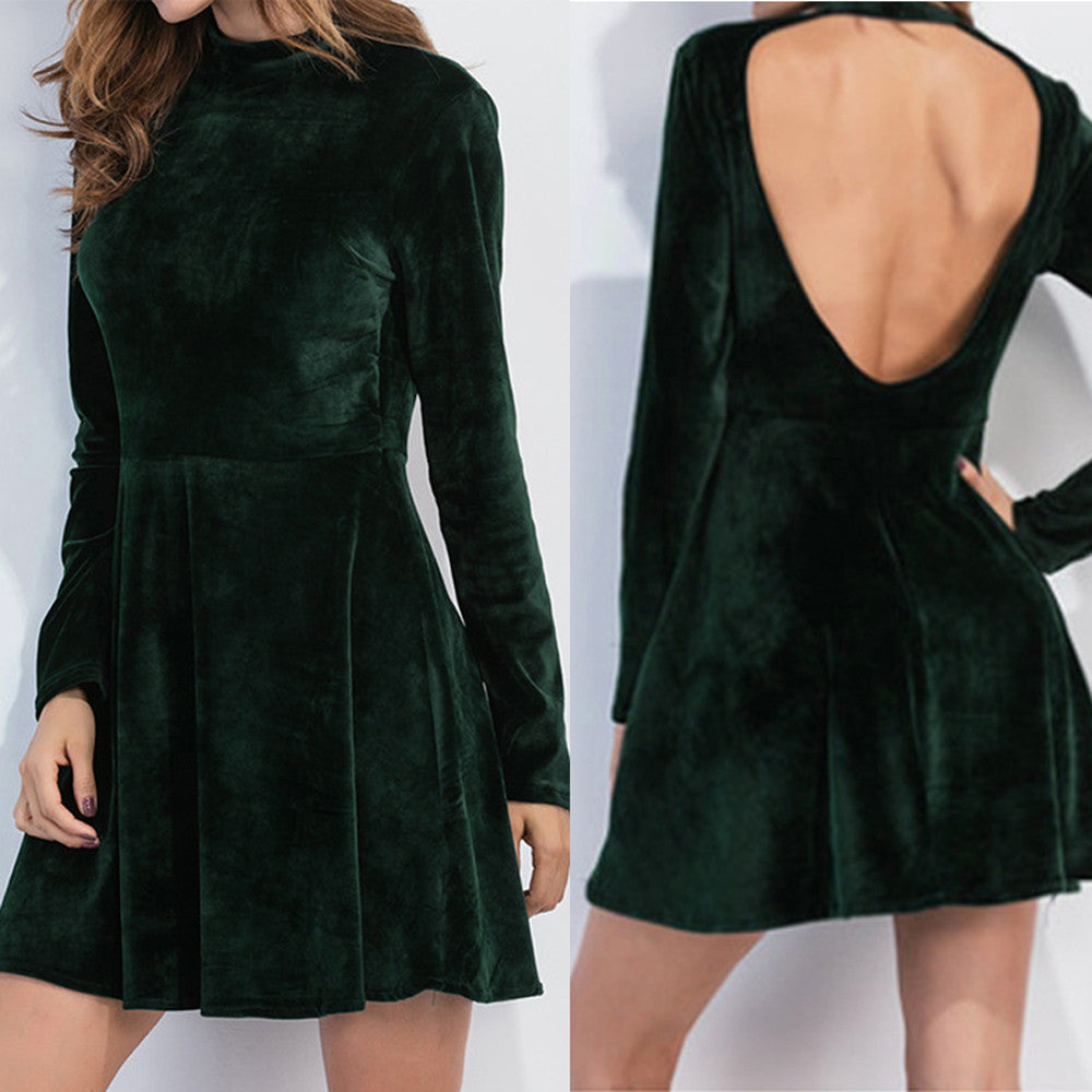 Backless Green Velvet Long Sleeve Dress