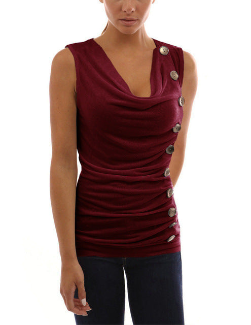 Cowl Neck Sleeveless Button Tank Tops