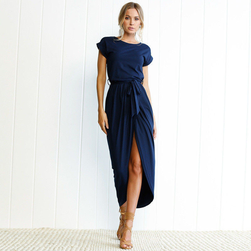 Pure Color Irregular Open Fork Dress