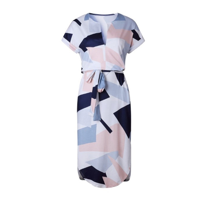 Short Sleeve V-Neck Geometric Printing Long Dress