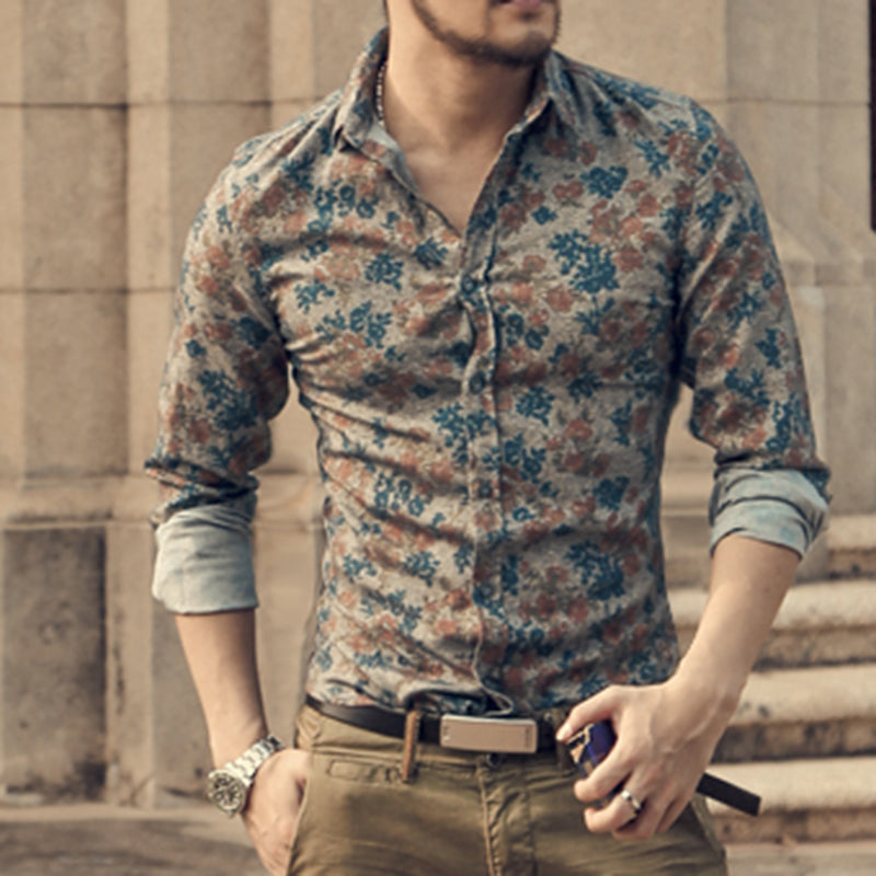 High Quality Cotton Floral Long Sleeve Mens Shirts